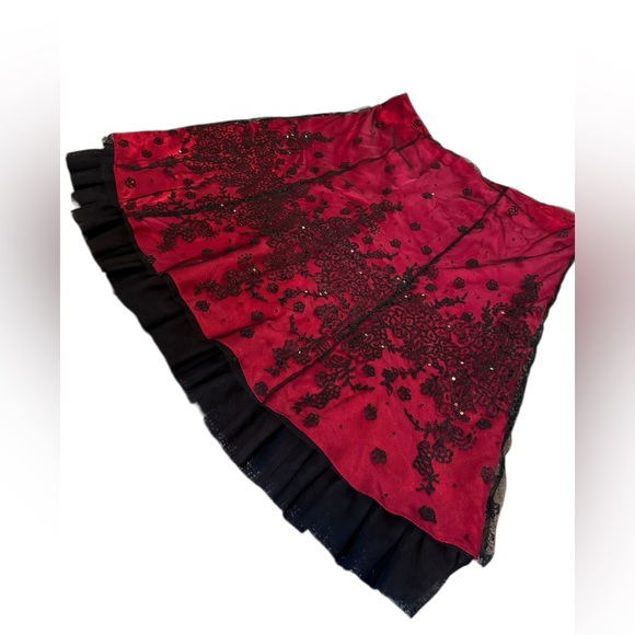 Adrianna Papell Vintage Red Black Goth Floral Sequin Beaded Layer Evening Skirt - Picture 2 of 5